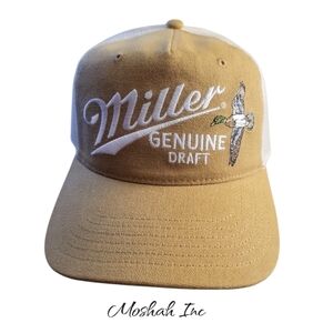 Miller Genuine Draft Beer Embroidered Duck Logo Tan Trucker Hat Cap MGD